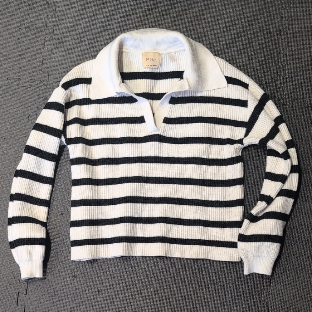 Elie Tahari Black and White Striped V-Neck Sweater